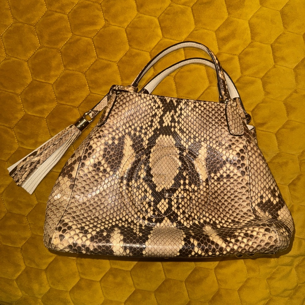 Gucci Python-Print Top Handle Satchel in Tan and … - image 7